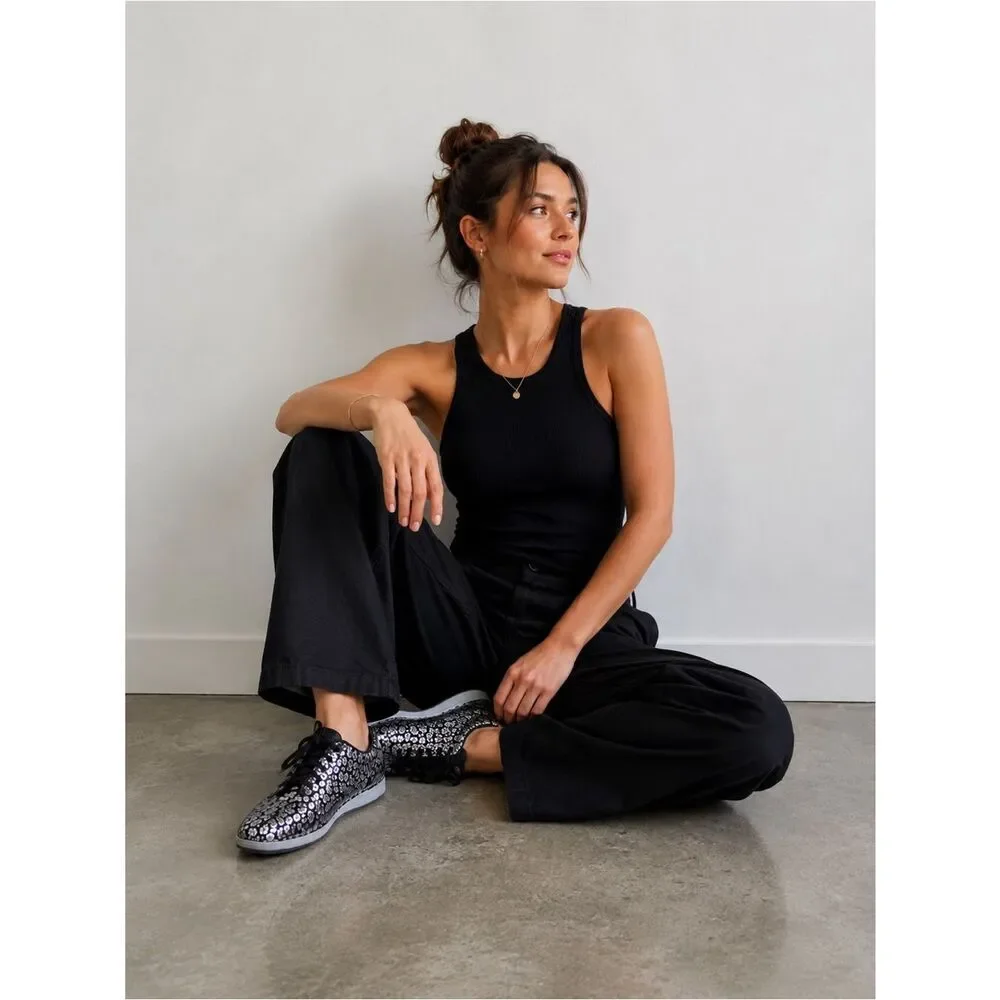 Alegria Essence Night Poppy Silver and Black Leather Sneakers